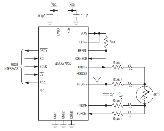 Diagrama de circuito de aplicación - Analog Devices / Maxim Integrated Convertidores de RTD a digital MAX31865